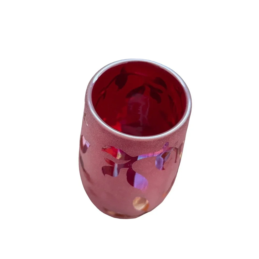 Etched Satin Art Glass‎ Vase, 10  tall, Red Satin -floral Gloss Etchings